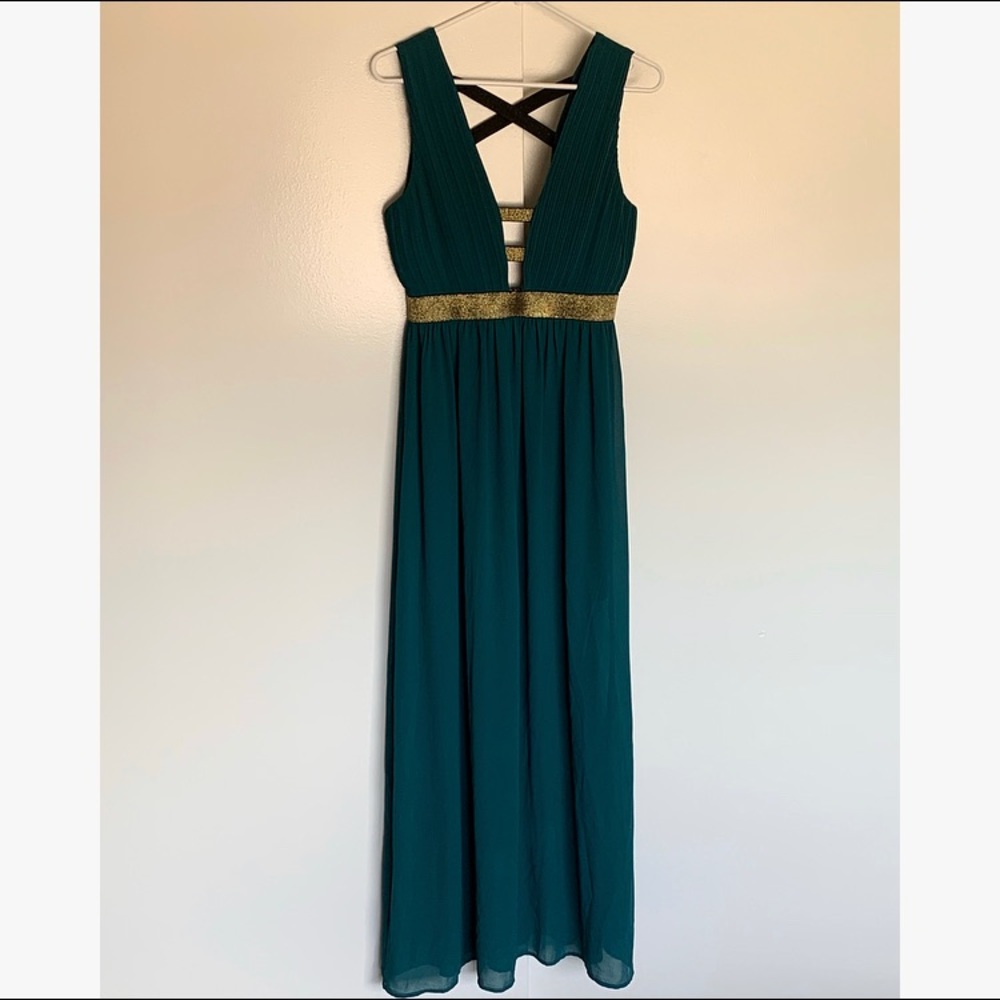 Emerald green & gold maxi dress